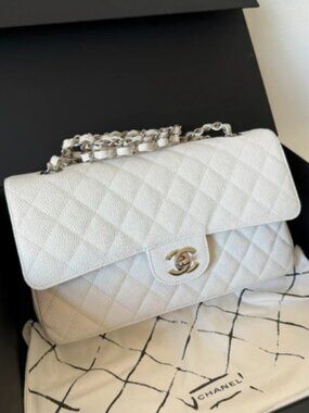 Chanel Classic Flap Quilted White Caviar Leather Silver Hardware Chain Shoulder